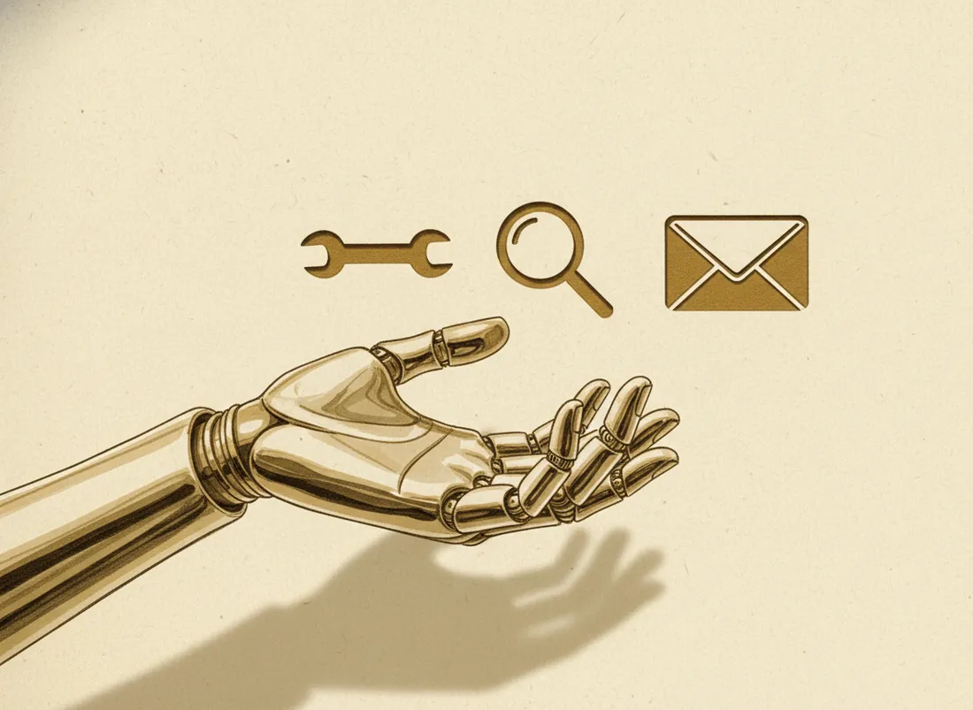 A robotic hand reaching toward a row of labelled tool icons like a wrench, magnifier and envelope