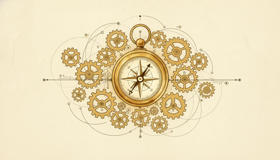 A glowing compass surrounded by interconnected mechanical gears on warm paper