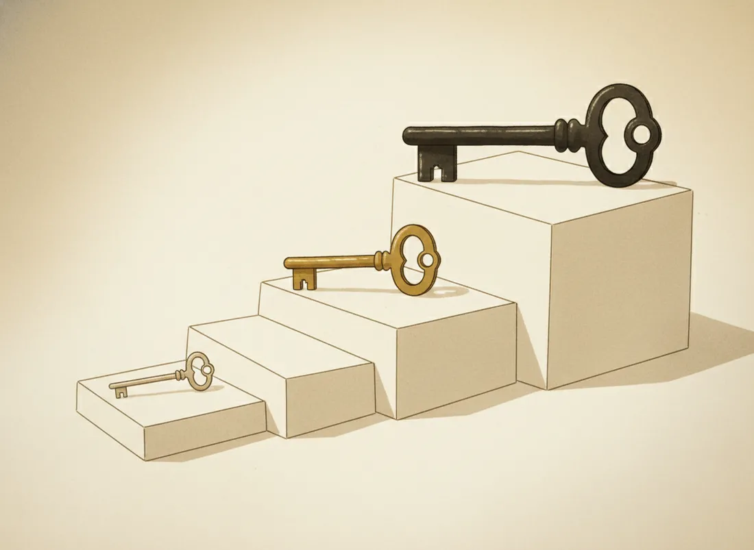 Three keys of increasing sturdiness arranged in a tier