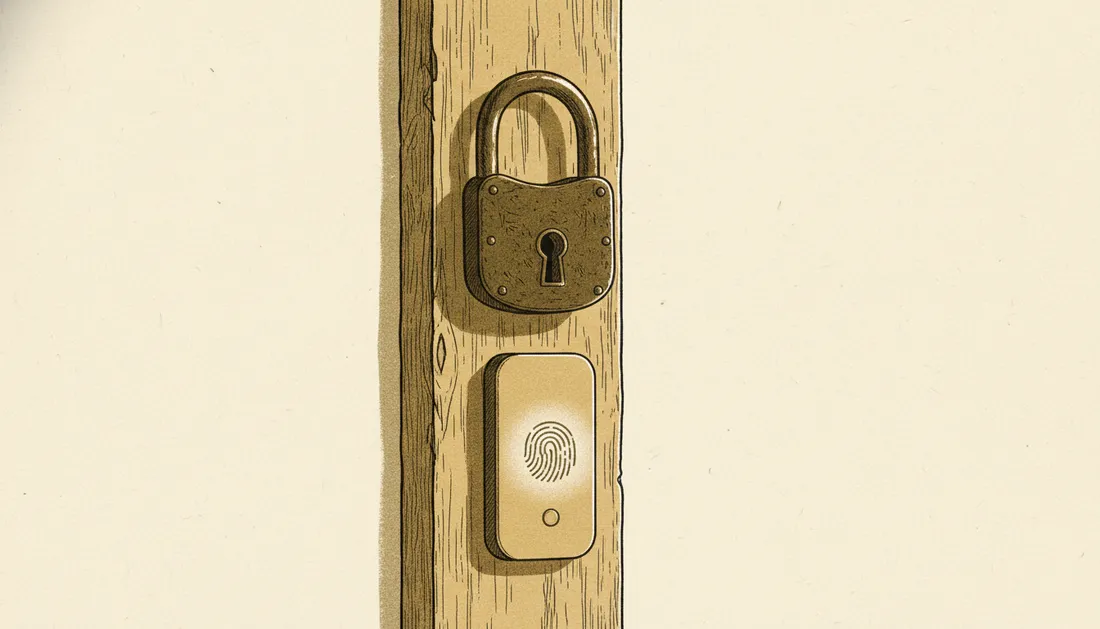 Two different locks securing one door on warm paper