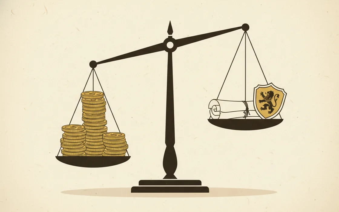 A balance scale weighing a stack of coins against a small contract and a shield