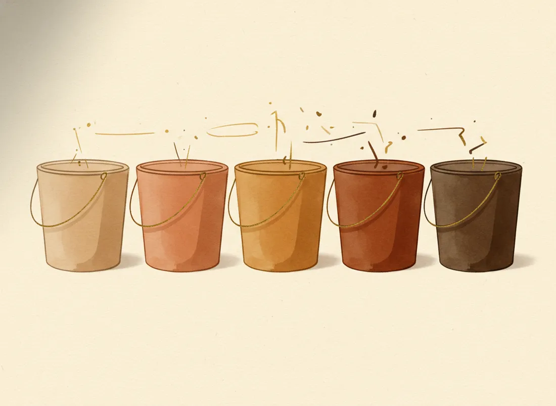 Five coloured buckets labelled by hundreds: 100s to 500s