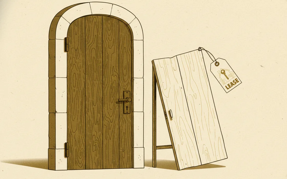 A heavy permanent door beside a lighter temporary door held up by a lease tag