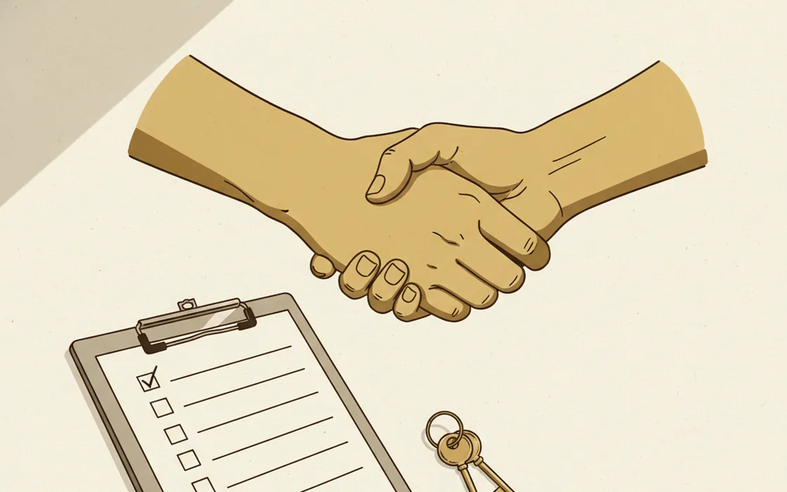A checklist clipboard beside a small ring of keys and a handshake