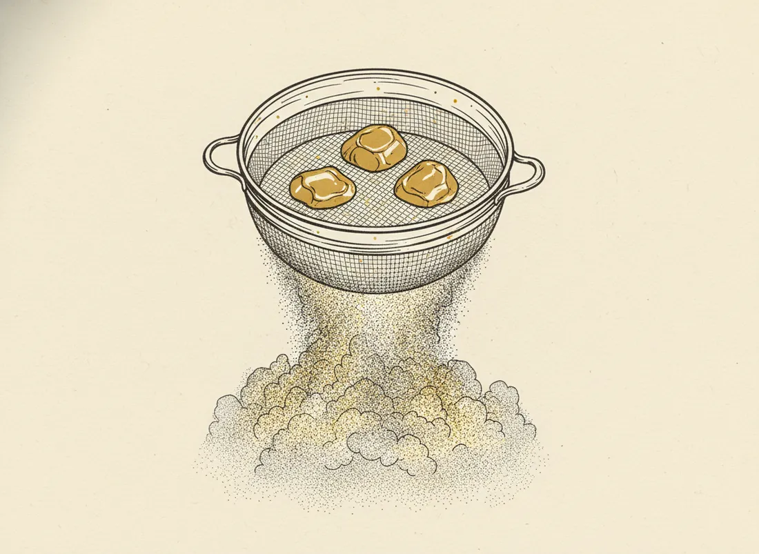 A sieve separating a few solid nuggets from a pile of dust