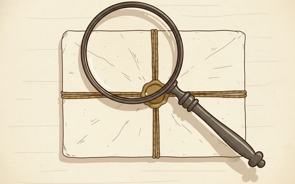 A magnifying glass inspecting a sealed parcel before it is accepted