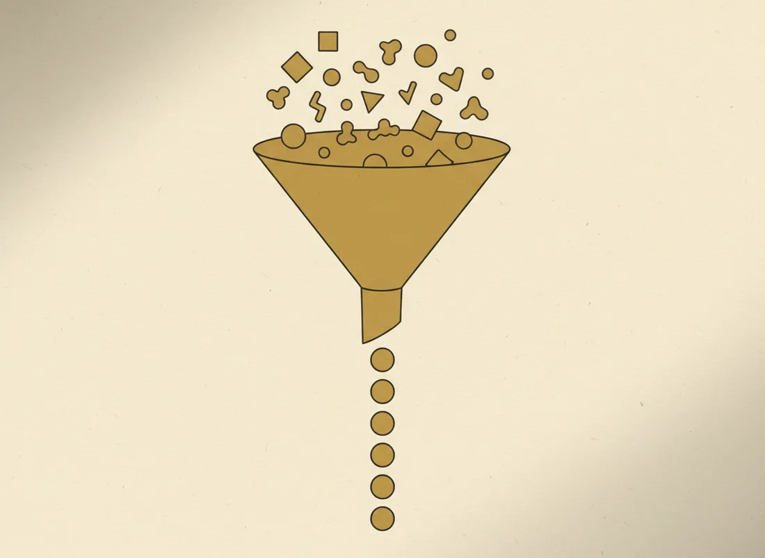 A funnel turning scattered shapes into one ordered stream