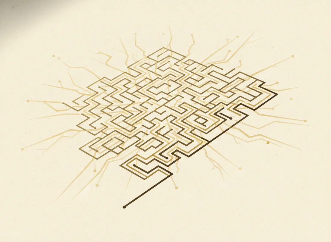 A maze being explored by many faint paths at once versus one solid path