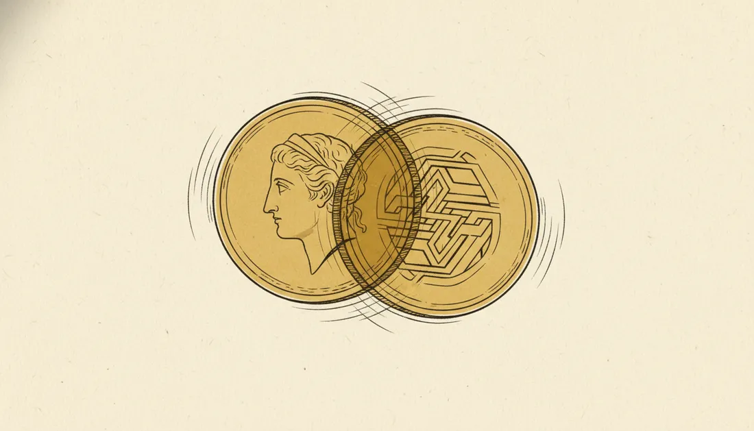 A spinning coin caught mid-air showing both faces at once on warm paper