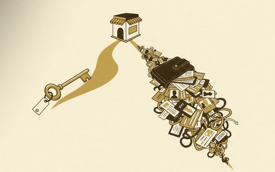 Two paths from a storefront: a clean returnable key versus a risky handover of a wallet full of cards