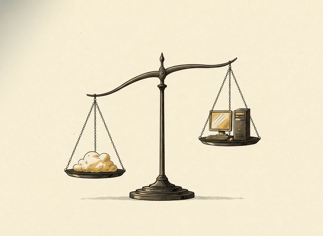 A balance scale weighing a cloud against a desktop computer