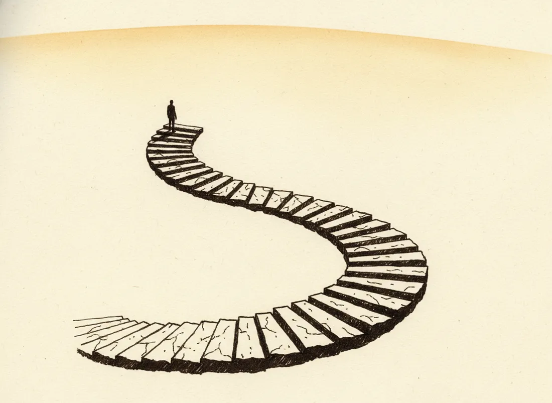 A steep staircase leading up to a bright plateau