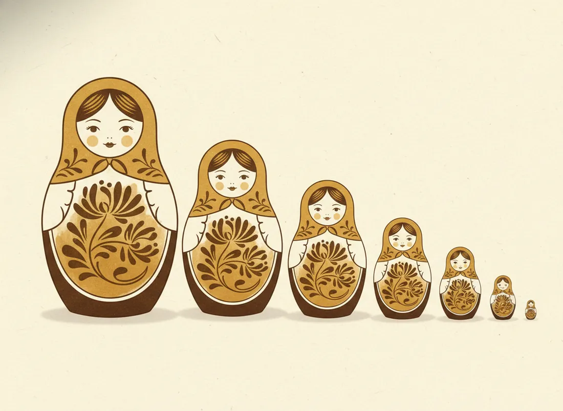 A row of nesting dolls from huge to tiny