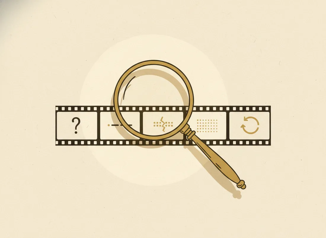 A magnifying glass over a video timeline