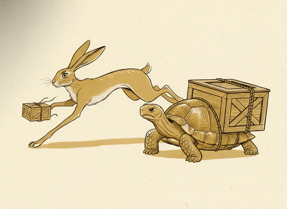 A hare and a tortoise carrying storage crates