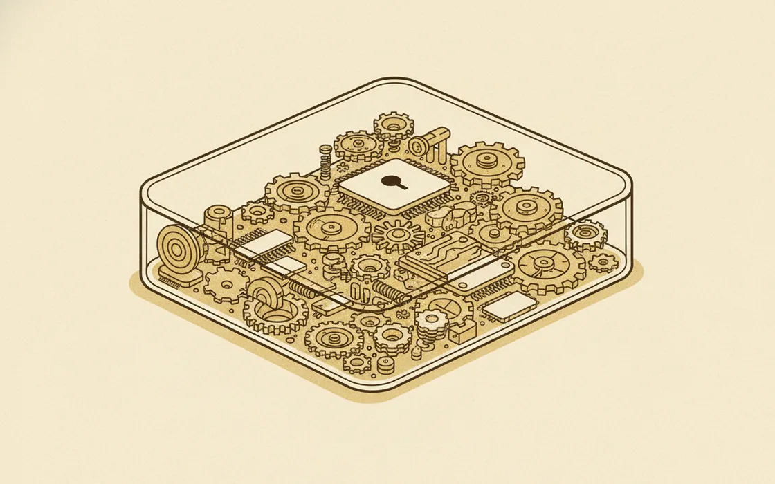 An x-ray style view revealing the gears and contents inside a closed box