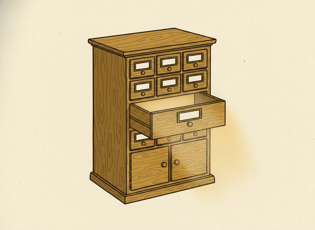 A library card catalogue with one drawer pulled out and glowing