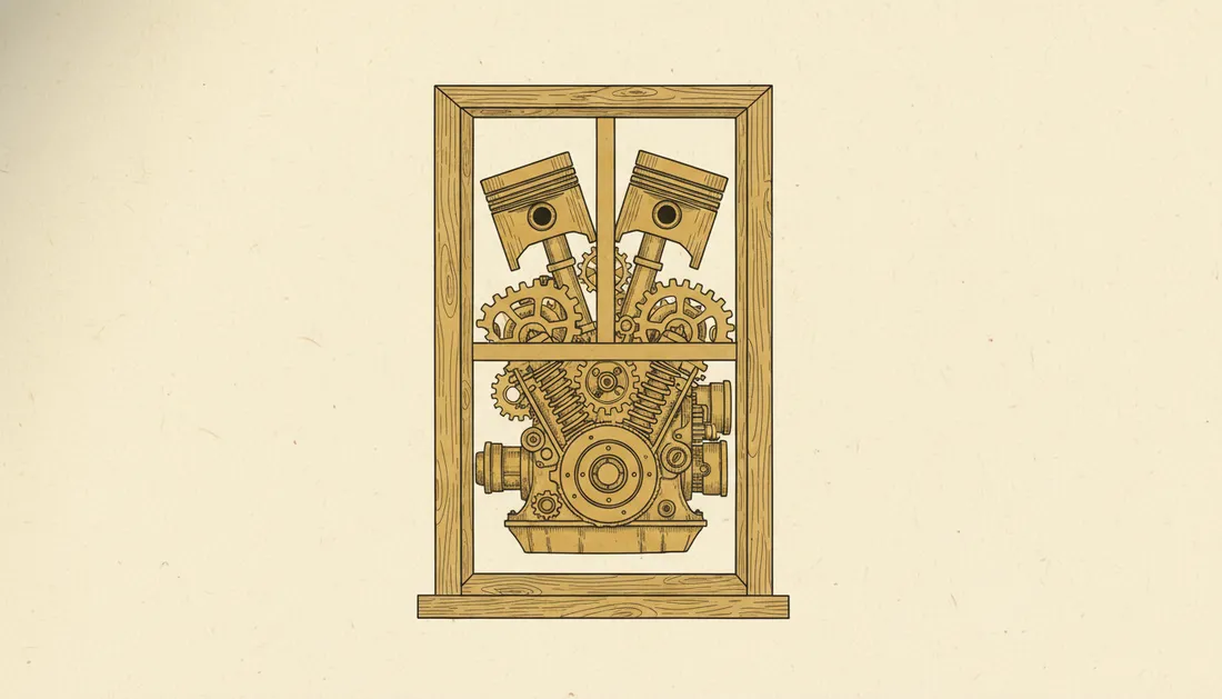 An engine block sitting neatly inside a browser window frame on warm paper